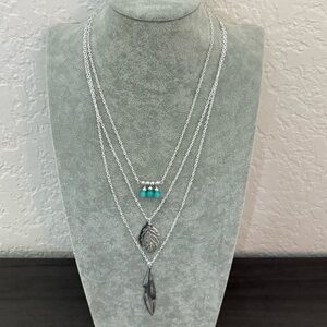 Silver Triple Strand Beaded Leaf Necklace